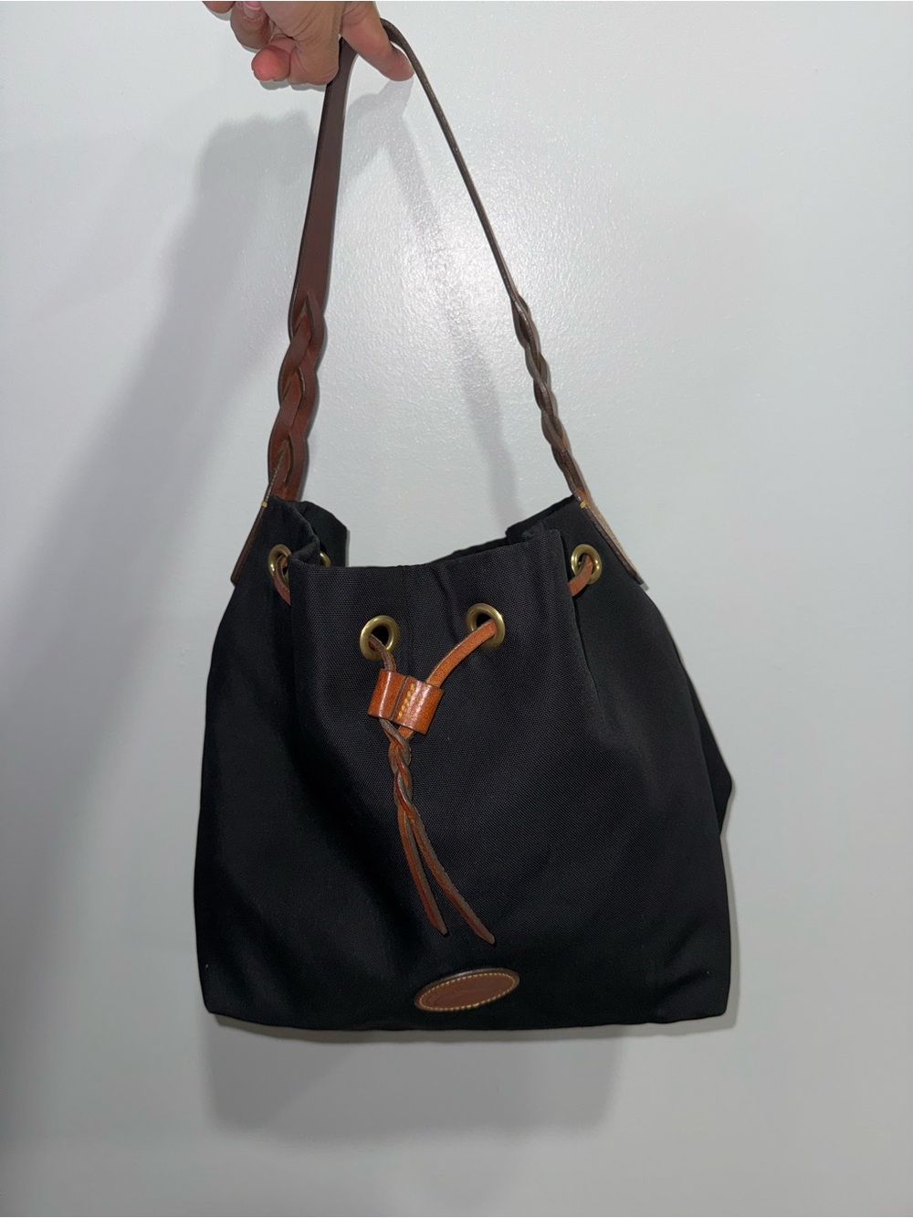 Dooney & Bourke Black Nylon Drawstring Shoulder Bag with Brown Leather Trim